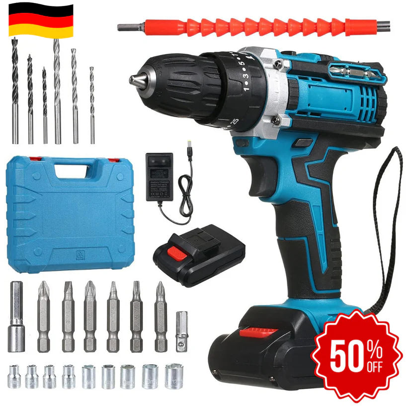DrillMaster | Elektryczna wiertarka udarowa z akumulatorem (kompletny zestaw w języku niemieckim)