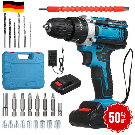 DrillMaster | Elektryczna wiertarka udarowa z akumulatorem (kompletny zestaw w języku niemieckim)