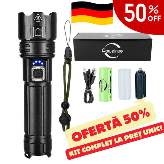 Zestaw niemieckiej latarki taktycznej laserowej + pudełko + darmowa dodatkowa bateria – TitanLux™